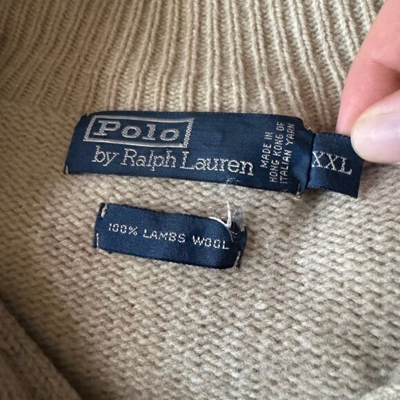 Vintage 1990s Polo Ralph Lauren Tan 100% Lambswool Quarter Zip Oversized Sweater - Picture 2 of 6